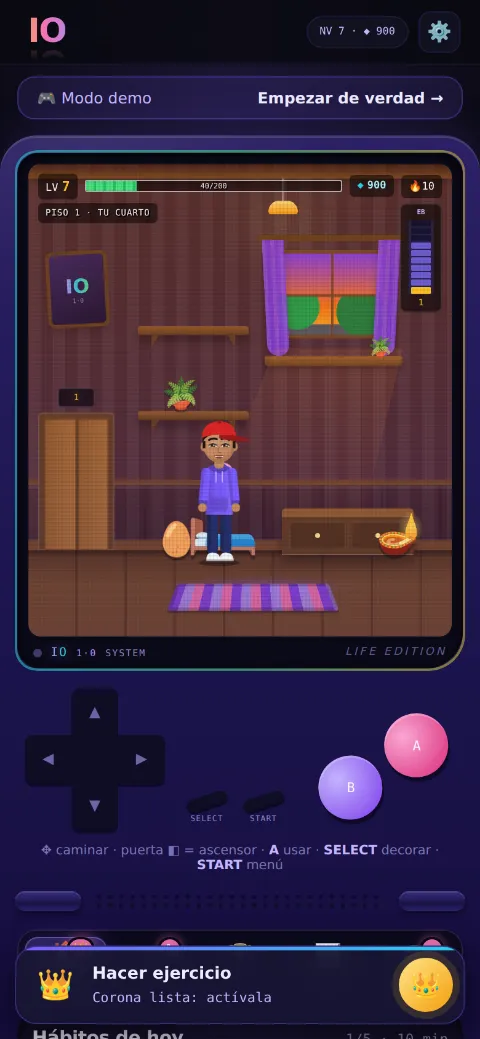 Pantalla de inicio de IO: el cuarto del personaje dentro de una consola
